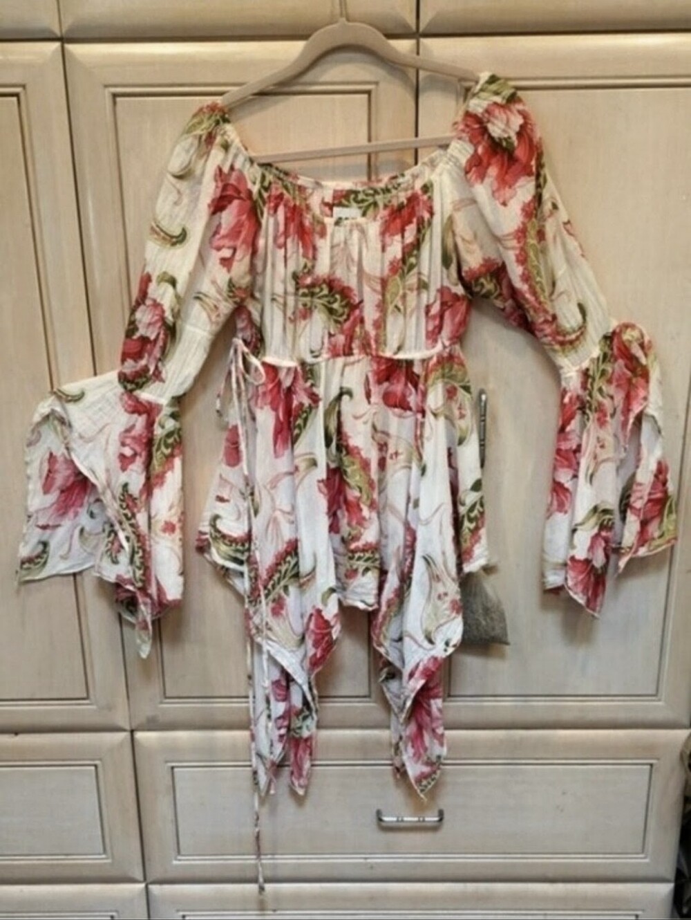 Floral Fairy Peasant Blouse in White, Pink and Green